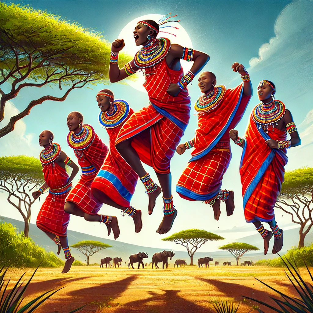 A group of Masai men performing the traditional jumping dance, dressed in colorful red shukas and beadwork, set against a picturesque savannah with elephants in the distance.