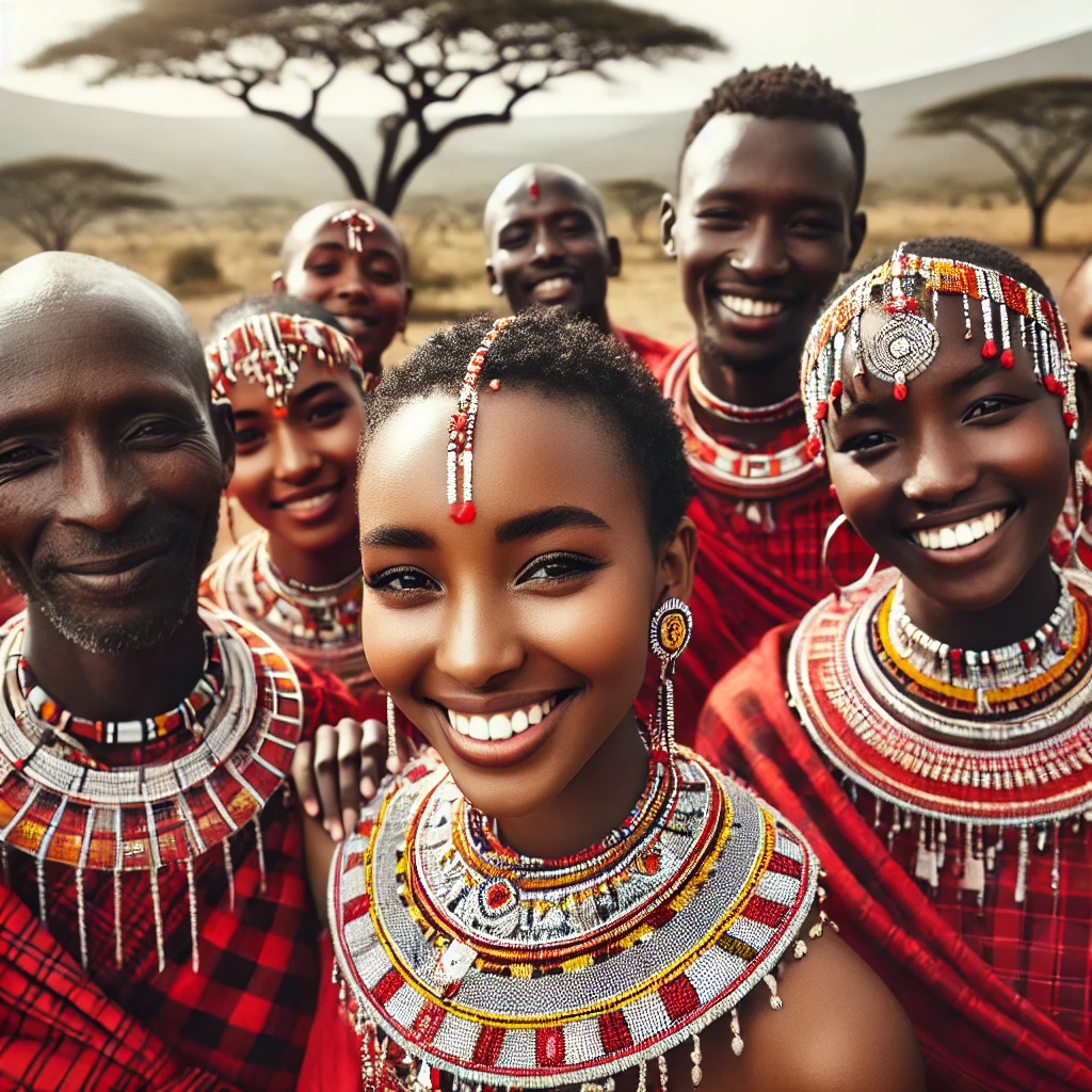 A group of smiling Masai people dressed in traditional red shukas and adorned with colorful beadwork jewelry, standing in a savannah landscape with acacia trees in the background.