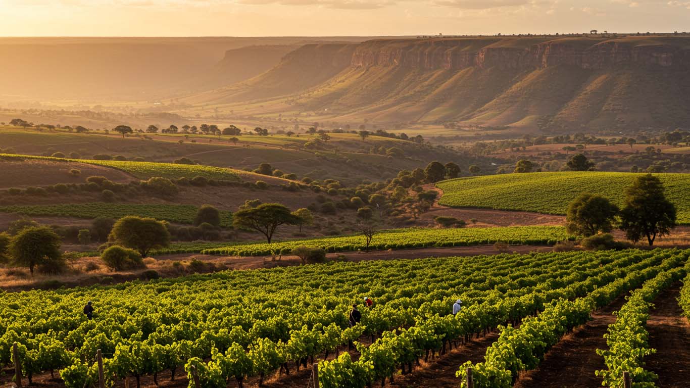 A lush green vineyard in the Rift Valley, Kenya, with rolling hills and golden sunlight casting a warm glow over the landscape.