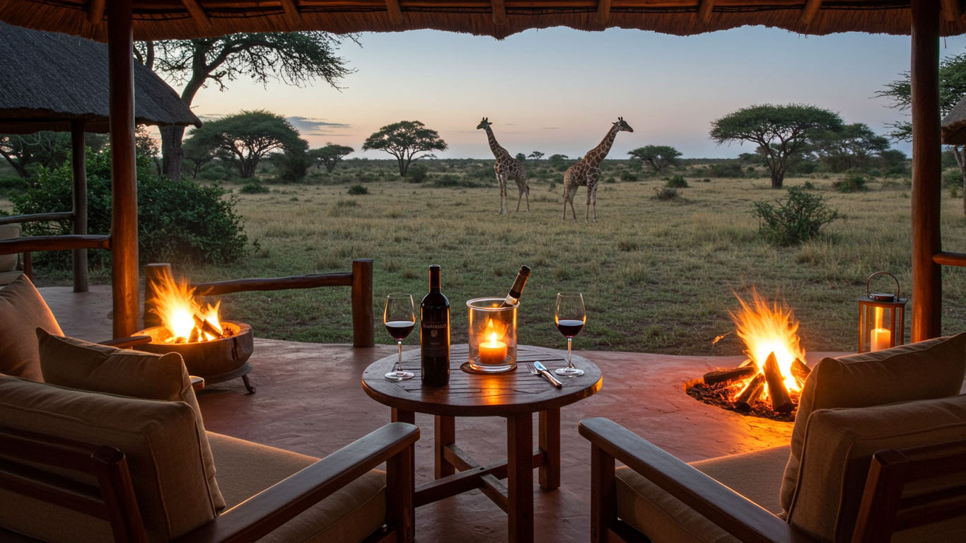 A scenic view of an African savannah at sunset, featuring a cozy outdoor seating area with a table set for wine, a candle, and two small fires, with two giraffes in the background.