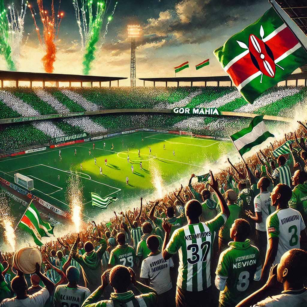 Gor Mahia fans celebrate with flags and fireworks in a packed stadium.