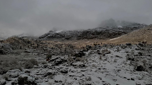 A snowy landscape under overcast skies near the summit of Mount Kenya.