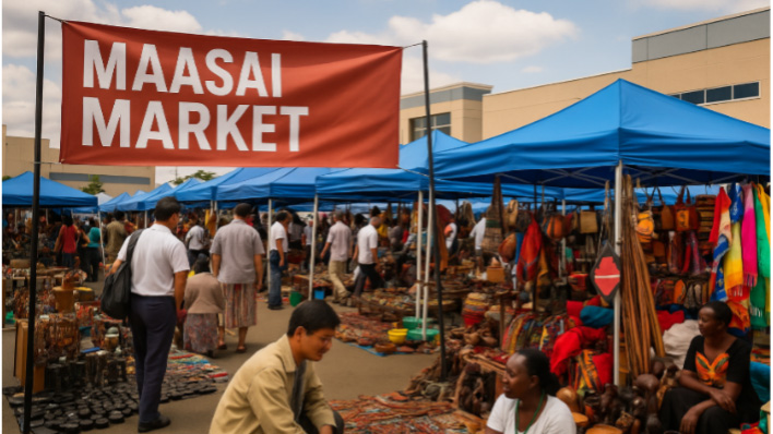 Maasai Market in Nairobi with rows of blue tents and local vendors selling crafts and souvenirs.