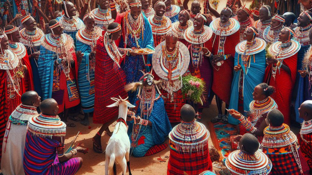 A vibrant Maasai traditional wedding ceremony with people in colorful beadwork and robes, gathered around a couple and a goat in a village setting.