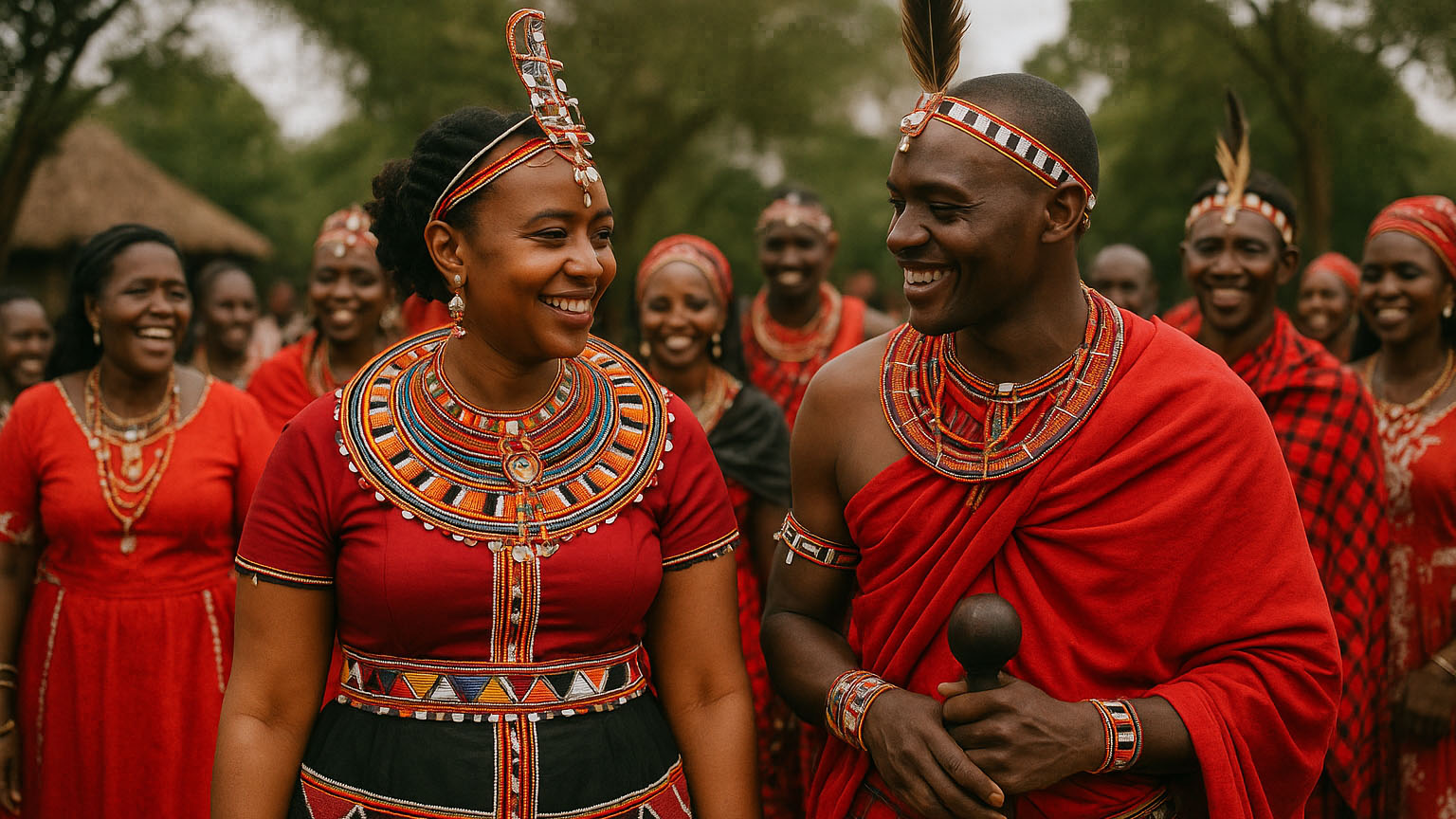 A smiling bride and groom dressed in traditional Kenyan Maasai attire, surrounded by joyous guests wearing red ceremonial clothing.