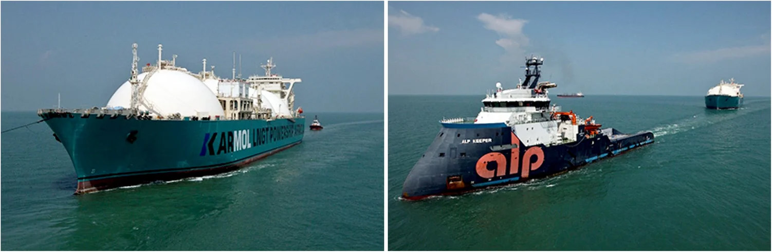 Side-by-side view of two vessels at sea: on the left, a KARMOL floating LNG power ship with a large spherical tank; on the right, an ALP Keeper tugboat towing the LNG vessel, demonstrating maritime coordination and offshore power logistics.