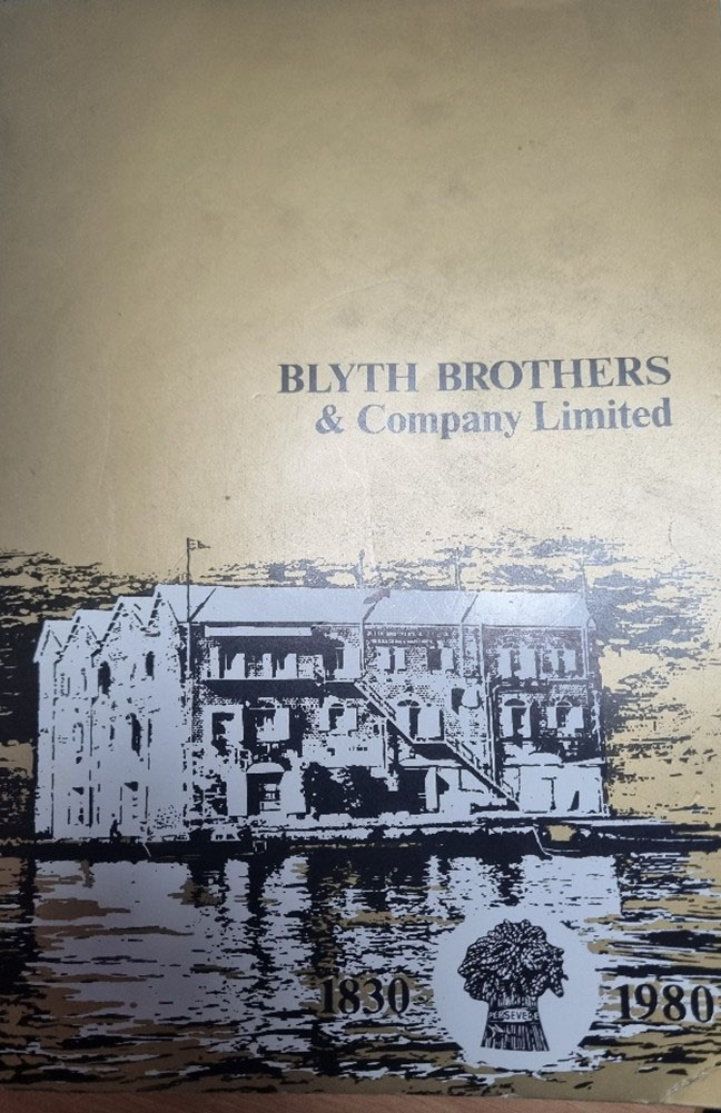 The cover of the Blyth Brothers & Company Limited book commemorating 150 years of history, featuring an illustration of the company building by the waterfront.