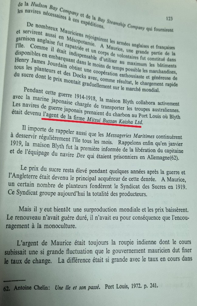 A page noting Blyth Brothers’ role as agent for Mitsui Bussan Kaisha Ltd during World War I in Port Louis, Mauritius.