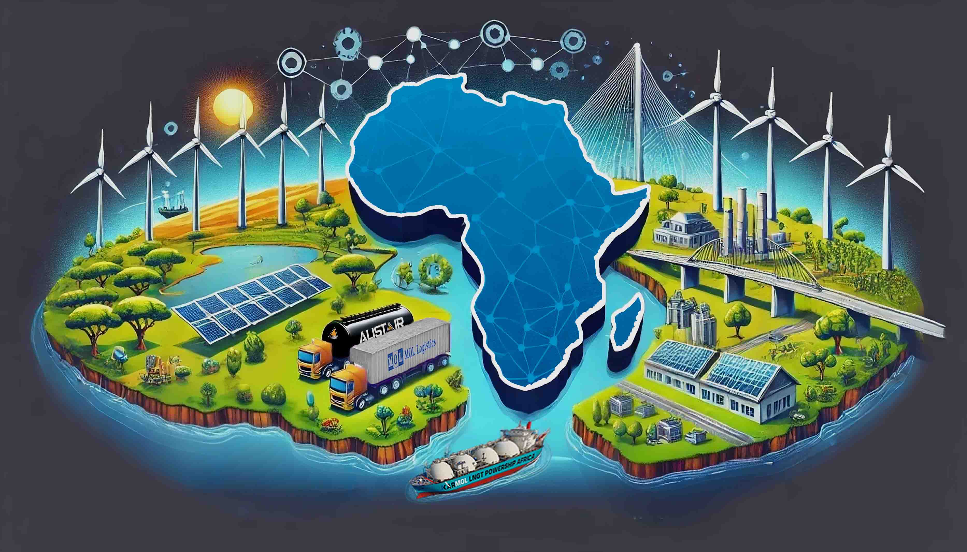 Illustration of Africa with renewable energy, shipping, logistics, and digital connectivity.