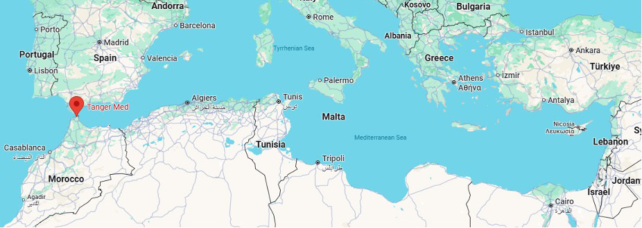 Map showing the location of Tanger Med Port on the Strait of Gibraltar in northern Morocco, highlighted with a red marker.