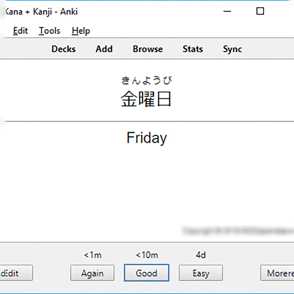 An Anki flashcard screen showing the kanji for Friday (金曜日), with study options like Again, Good, and Easy.