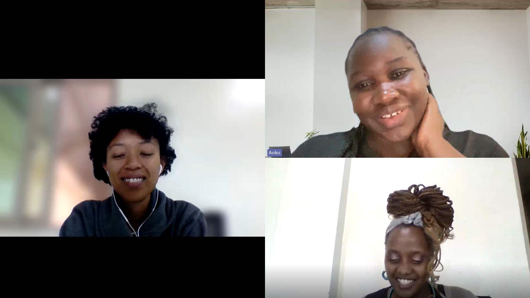 Three Kenyan learners in a video call, smiling as they share experiences about learning Japanese.