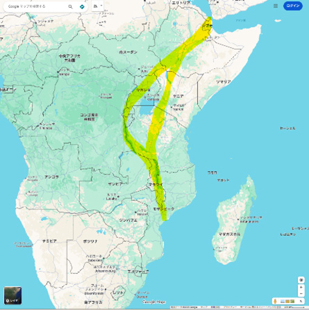Map of East Africa showing the extent of the Great Rift Valley, highlighted in yellow, stretching from the Red Sea in the north through Ethiopia and Kenya down to Mozambique.
