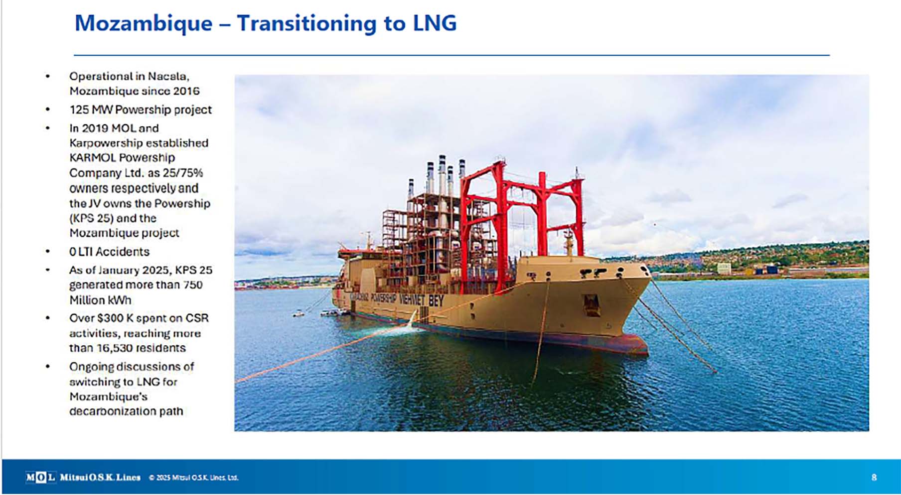 Photograph of the Karadeniz powership “Mehmet Bey” operating in Nacala, Mozambique. The text on the left outlines project details including operation since 2016, LNG transition, CSR efforts, and power generation performance.