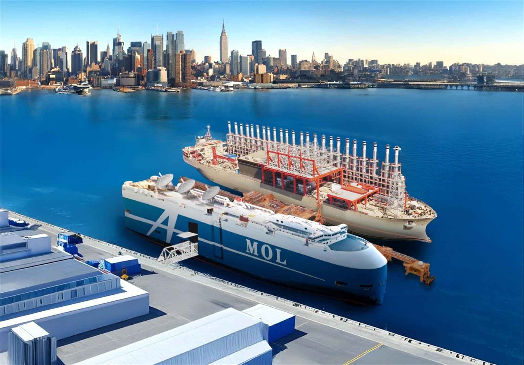 Rendering of an MOL car carrier and a Karadeniz powership moored side by side at a port with a modern city skyline in the background, symbolizing the partnership between MOL and Karadeniz.