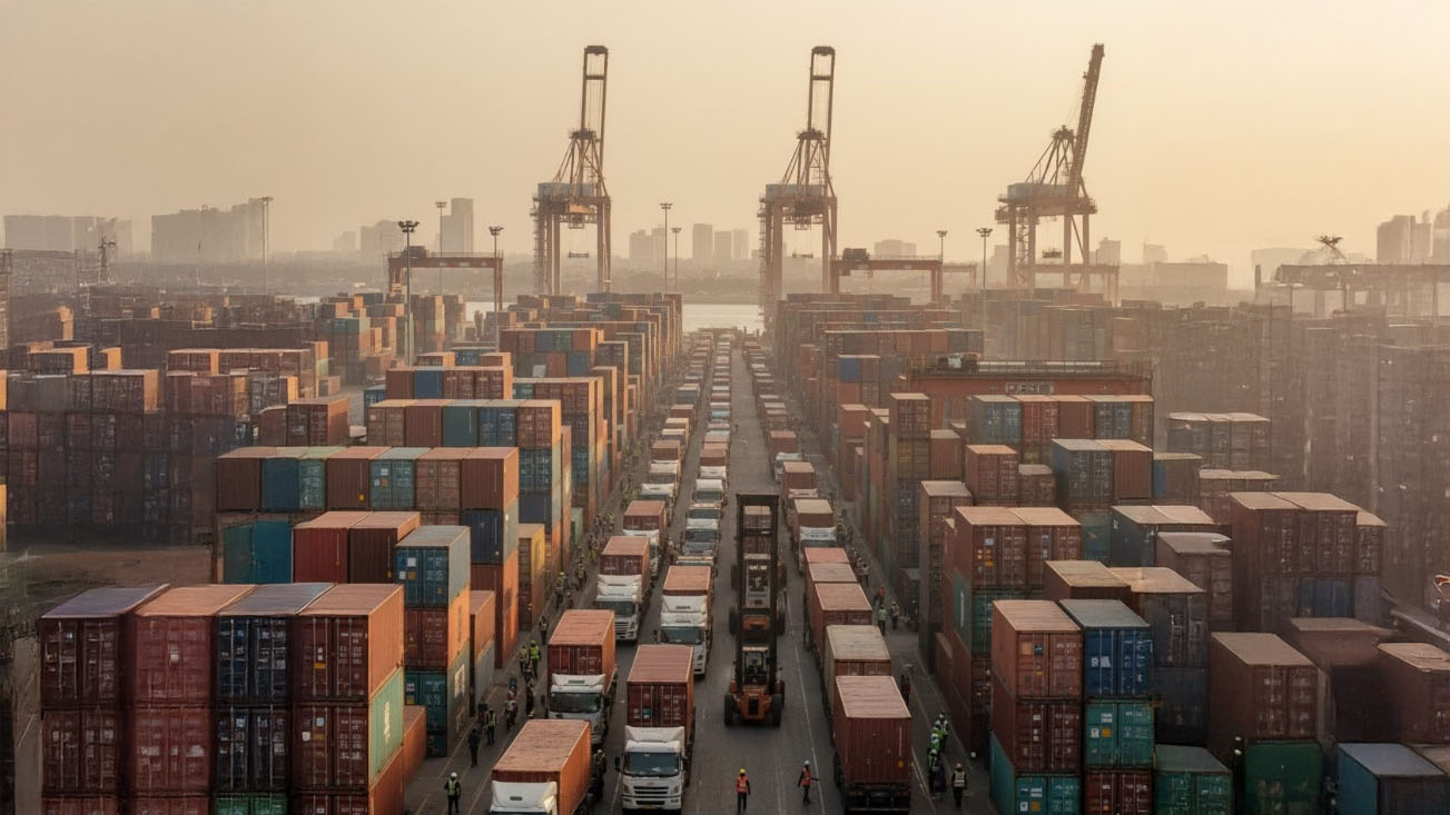 Container terminal with stacked shipping containers, cranes, and trucks operating at a busy seaport during a hazy afternoon.