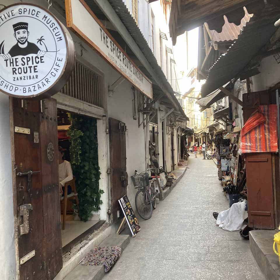 Narrow alley in Stone Town featuring the Spice Route shop and traditional storefronts.