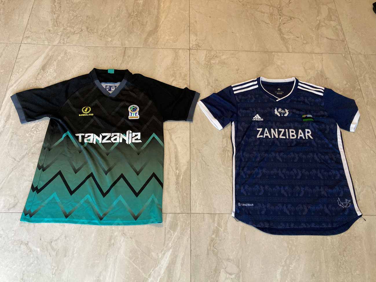 Tanzania national team jersey and Zanzibar football jersey displayed side by side.