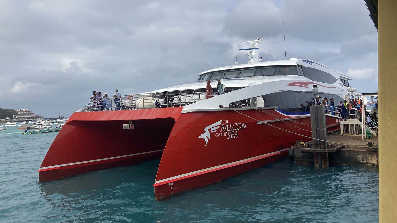 High-speed ferry “The Falcon of the Sea” docked at Zanzibar port with passengers boarding.