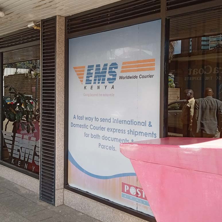 Exterior of a POSTA Kenya courier and EMS service office in Nairobi, representing the local postal system used for international shipments.