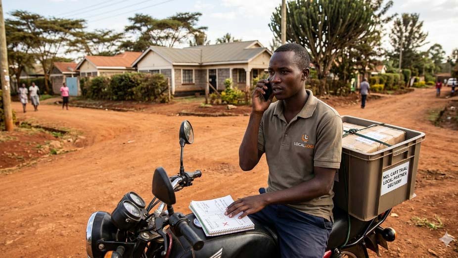 Local courier on a motorcycle delivering a parcel in a residential area, representing last-mile delivery in Kenya where mobile contact and flexible routing are essential.
