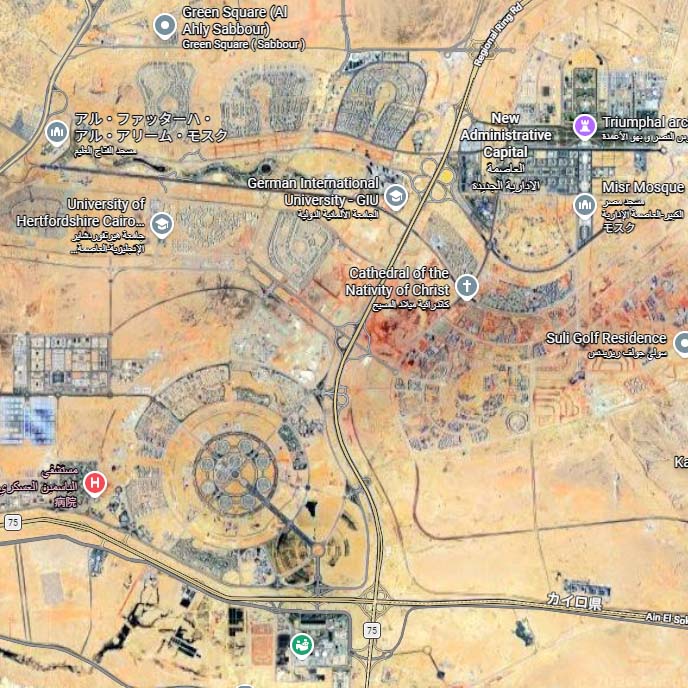 Satellite map of Egypt’s New Administrative Capital area near Cairo, showing planned urban development zones and infrastructure expansion.