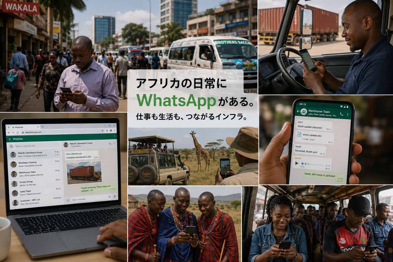 ケニアを中心としたアフリカの日常生活やビジネスにWhatsAppが深く浸透している様子をまとめたコラージュ画像。物流連絡、スマートフォンによる現場調整、サファリ観光、公共交通、都市生活などが描かれている。