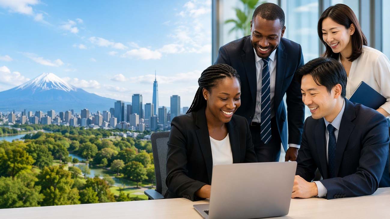 Kenyan and Japanese business professionals working together on a laptop, with a cityscape and Mount Fuji in the background.