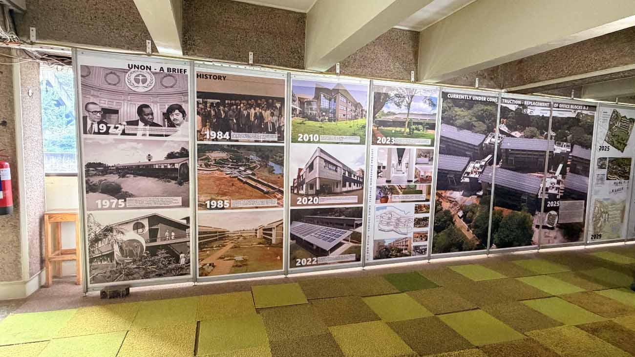 Exhibition panels presenting the history and development of the United Nations Office in Nairobi from the 1970s to its future expansion plans.