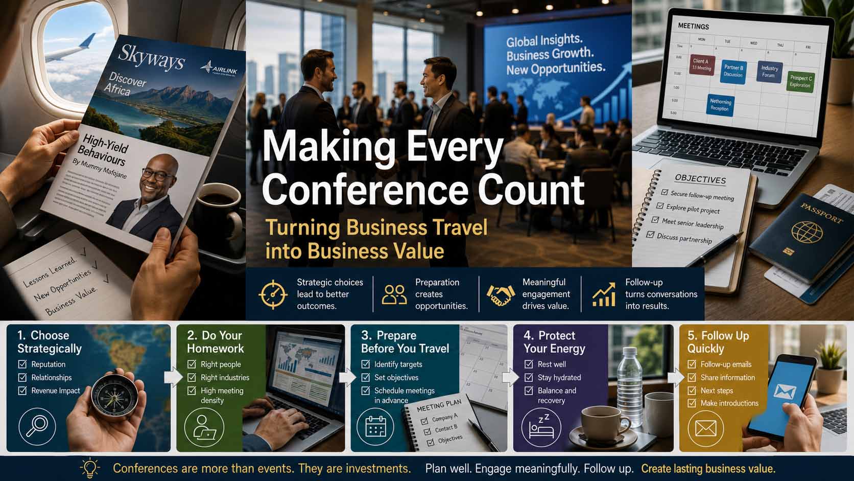 An infographic showing how strategic event selection, preparation, purposeful networking, energy management, and prompt follow-up turn conferences and business travel into business value.