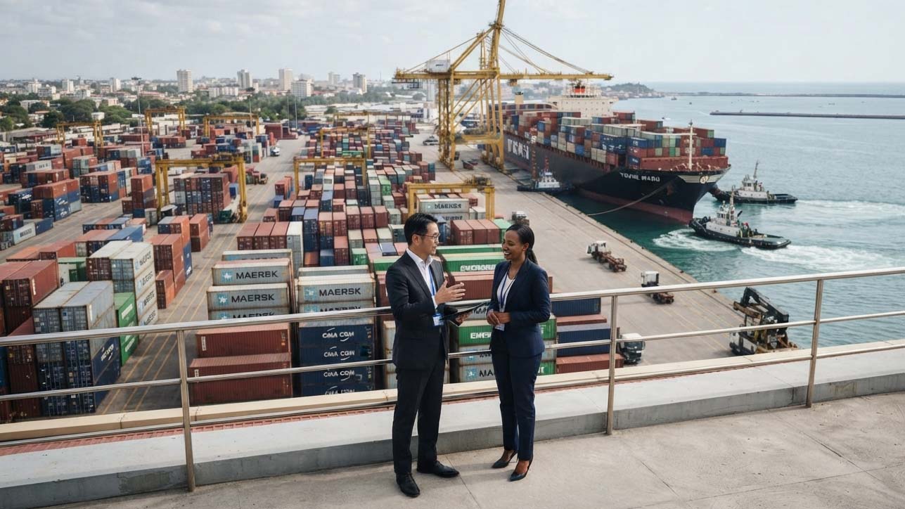Two logistics professionals discussing operations at a busy East African container port, with stacked containers, gantry cranes and a cargo ship in the background.