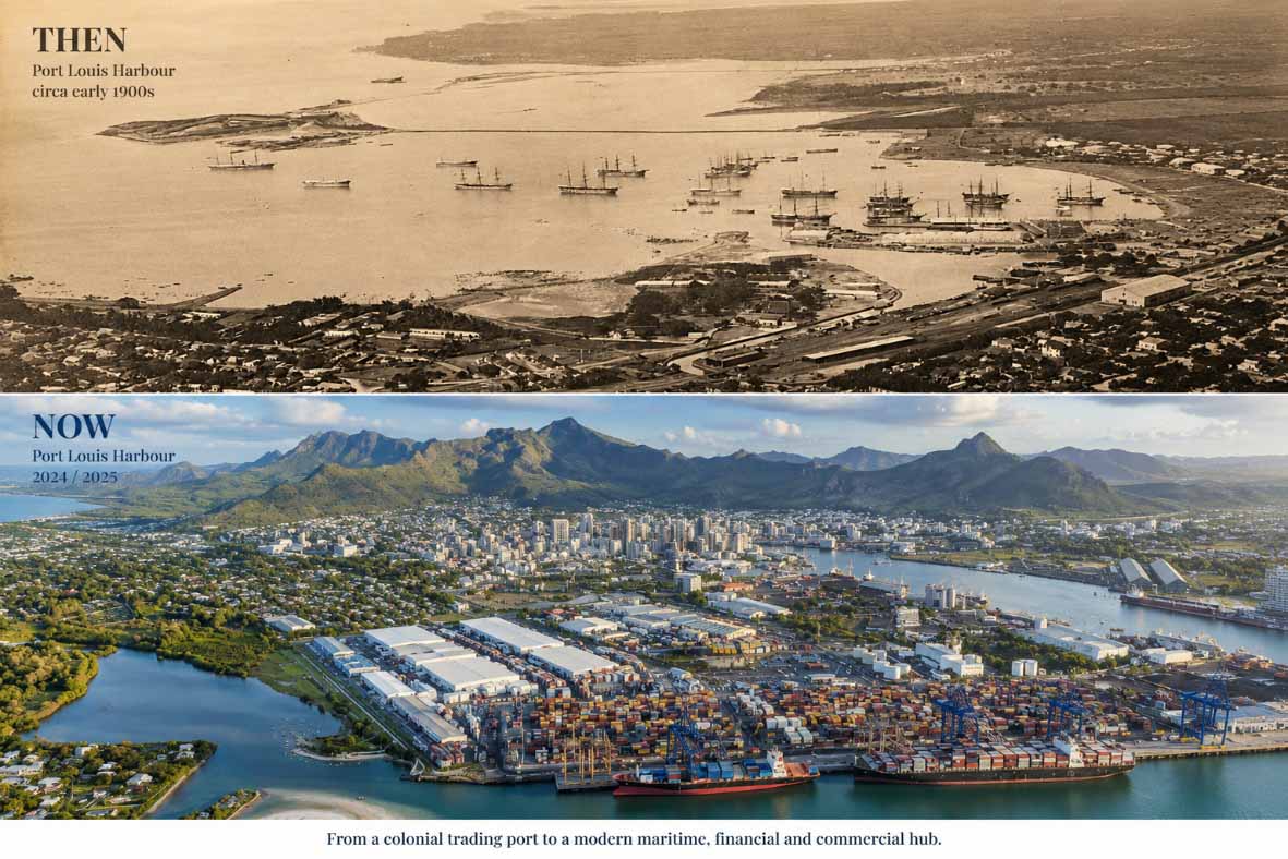 Port Louis Harbour in the early 1900s and today, showing Mauritius’ transformation into a modern maritime and commercial hub.