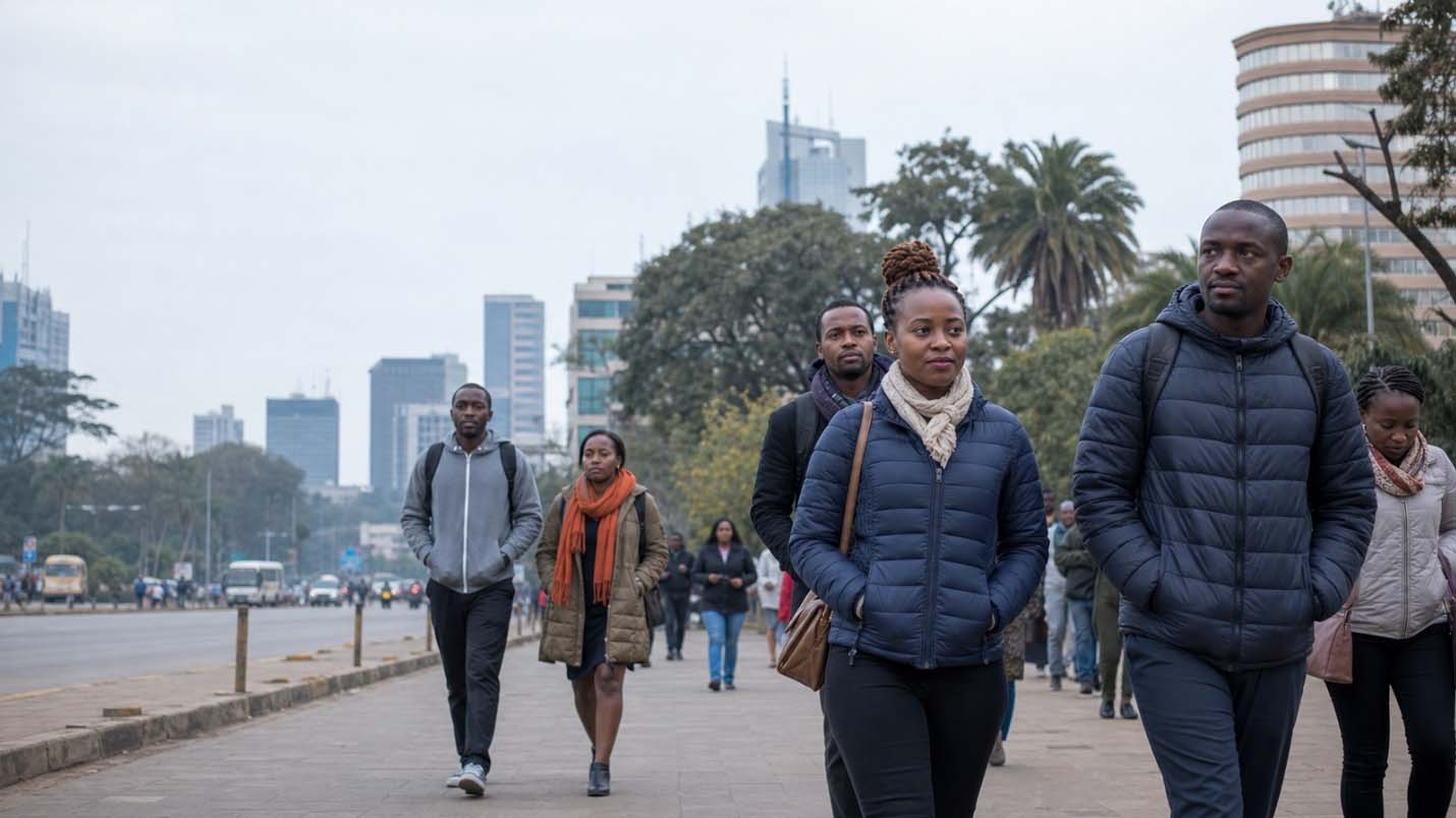 People wearing jackets and warm clothing walk through Nairobi on a cool, overcast day, with the city skyline in the background.