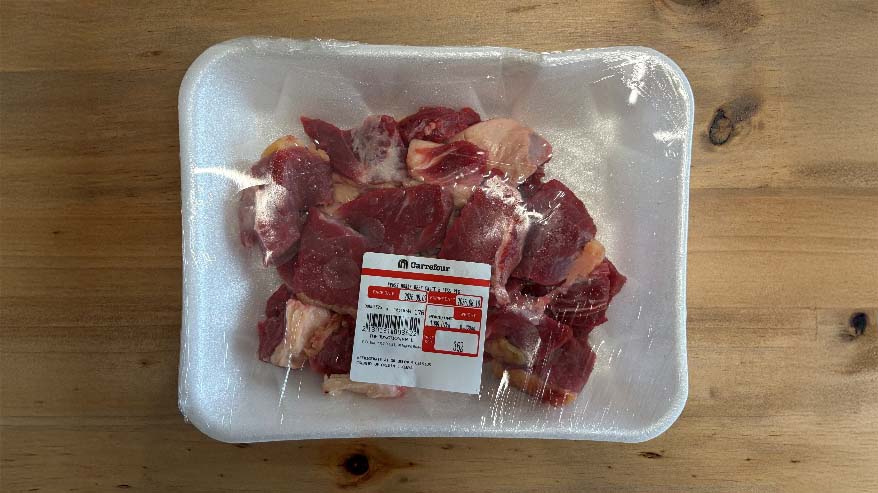 A packaged tray of diced beef from a supermarket in Nairobi