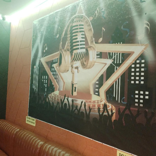 Karaoke room wall artwork featuring a microphone, headphones and music notes