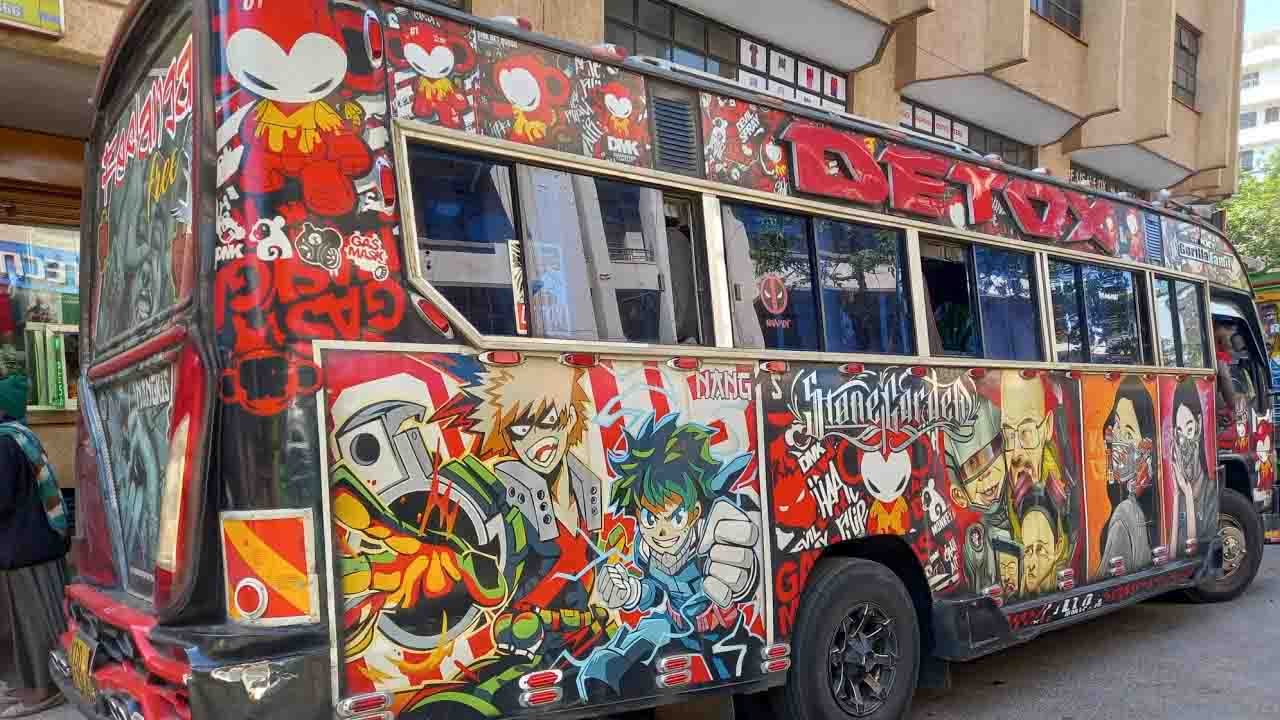 My Hero Academia-themed matatu with colorful anime artwork in Kenya