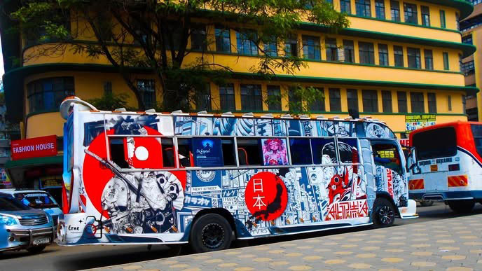 Ikigai Japanese-themed matatu featuring Japanese symbols and artwork in Kenya