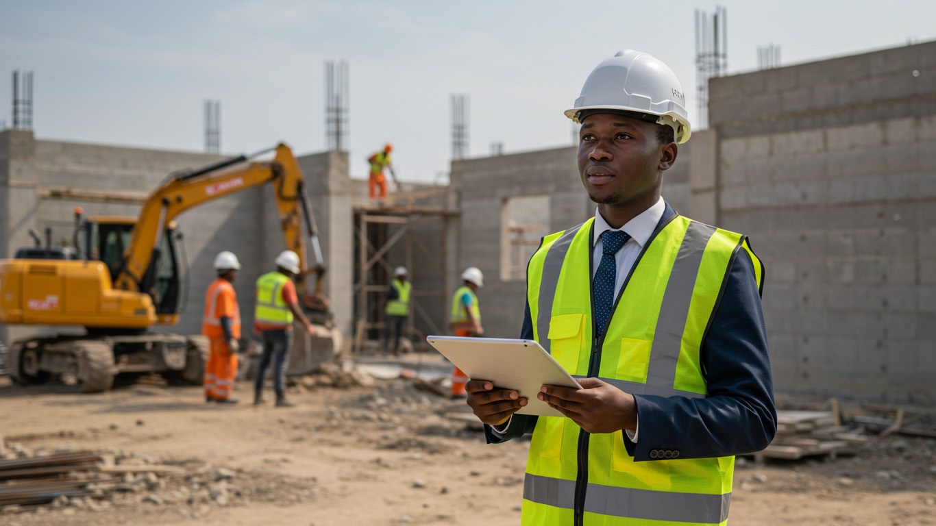 Engineer with tablet at a construction site with workers and machinery.